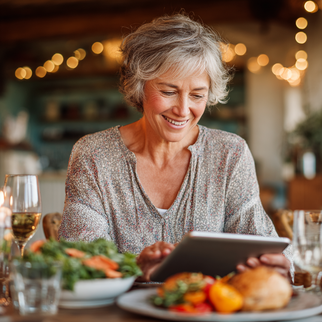 Жінка 52 років з радістю дивиться на планшет з планом харчування сидячи за столом