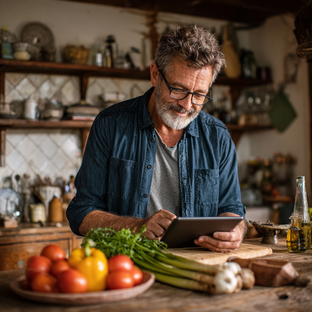 Енергійний чоловік 56 років з планшетом переглядає план харчування в затишній кухні