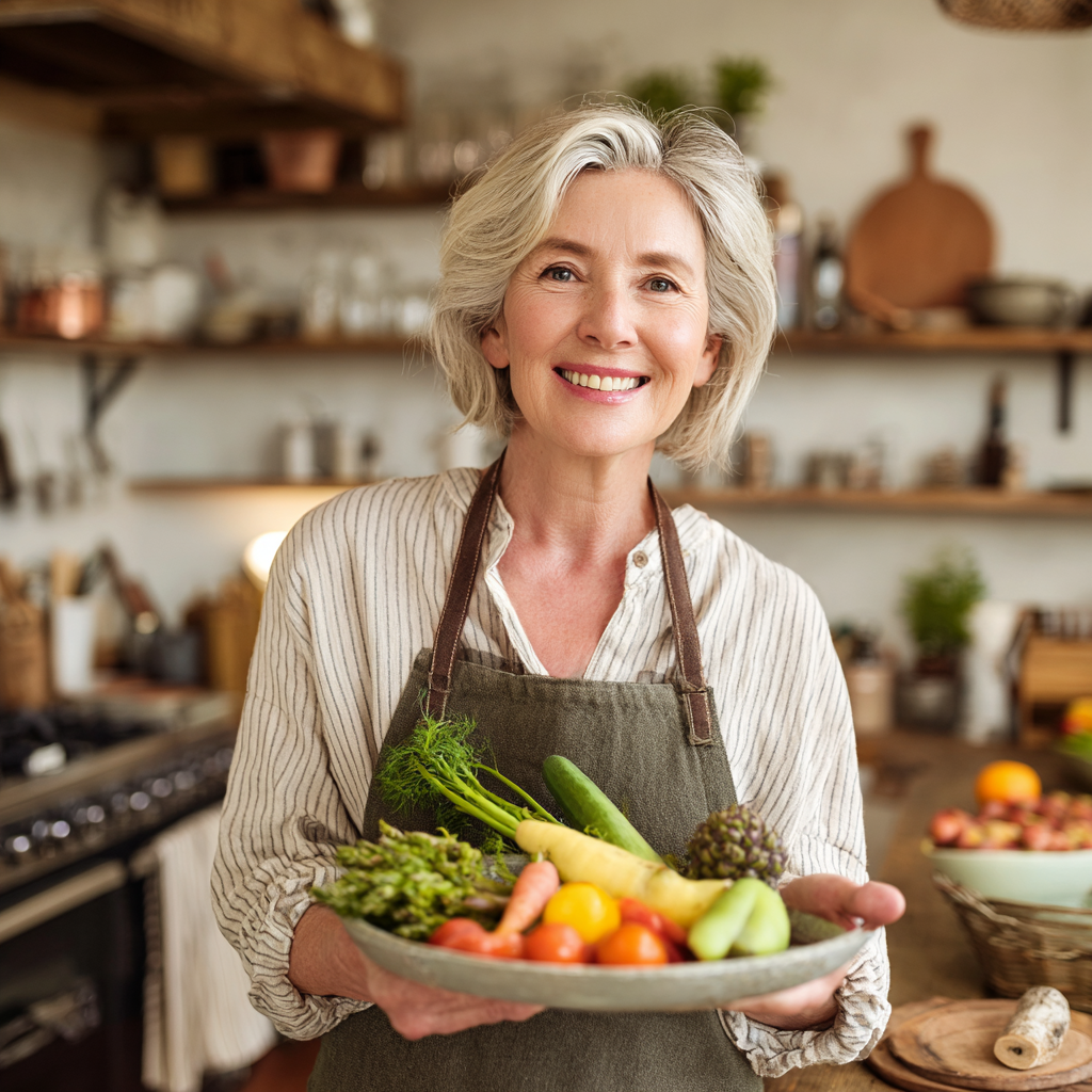 Енергійна жінка 55 років з посмішкою тримає тарілку зі здоровою їжею на кухні