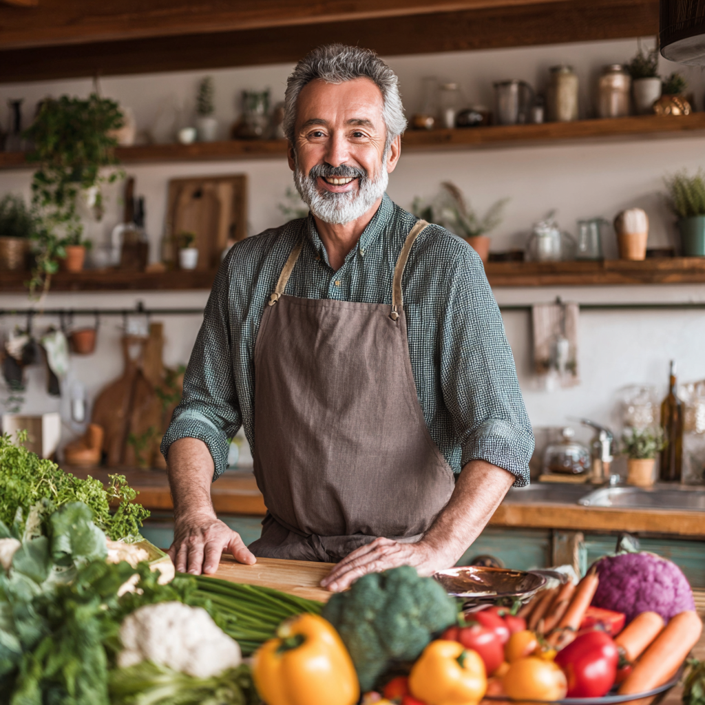 Щасливий чоловік 58 років готує здорову їжу на кухні з усмішкою та фартухом